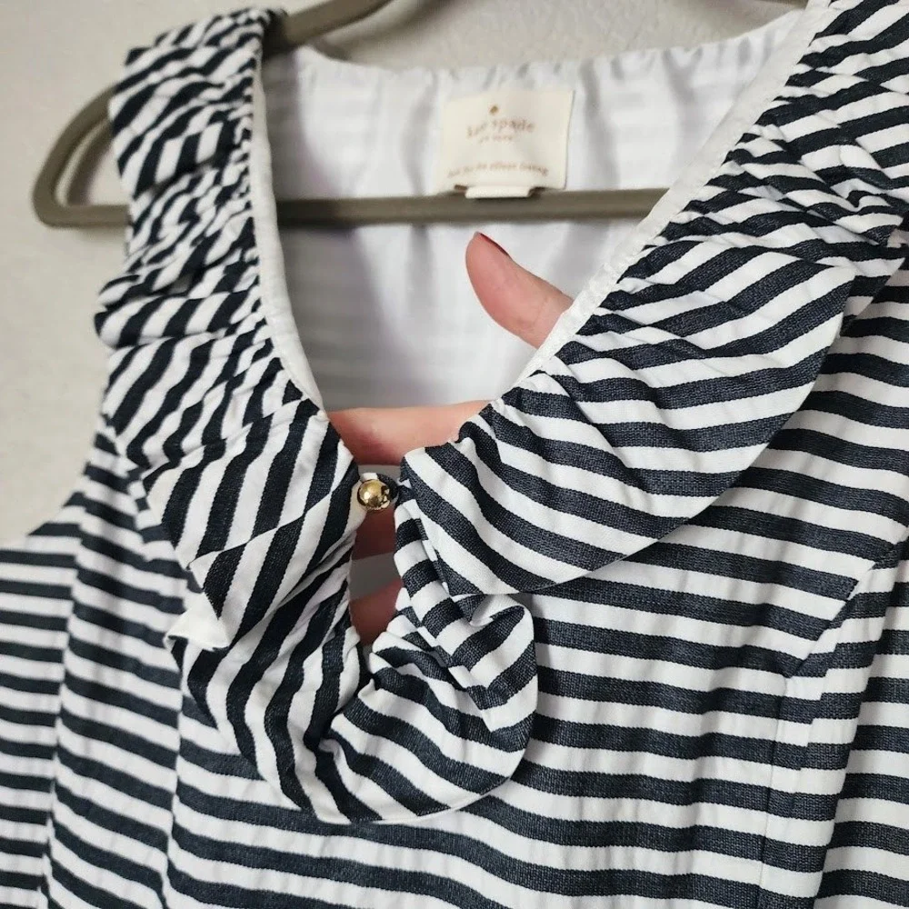 KATE SPADE‎ Striped Ruffle Neck Shift Dress with Gold Button Detail Size 10